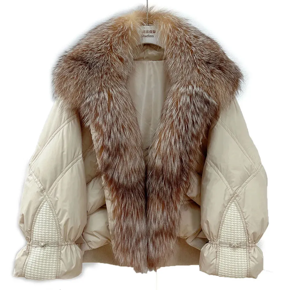 Frauen Pelz Faux 2023 Herbst Winter Echt Kragen Übergroßen Dicken Mantel 90 Gans Unten Jacke Warme Frauen Luxus Mode oberbekleidung 231018