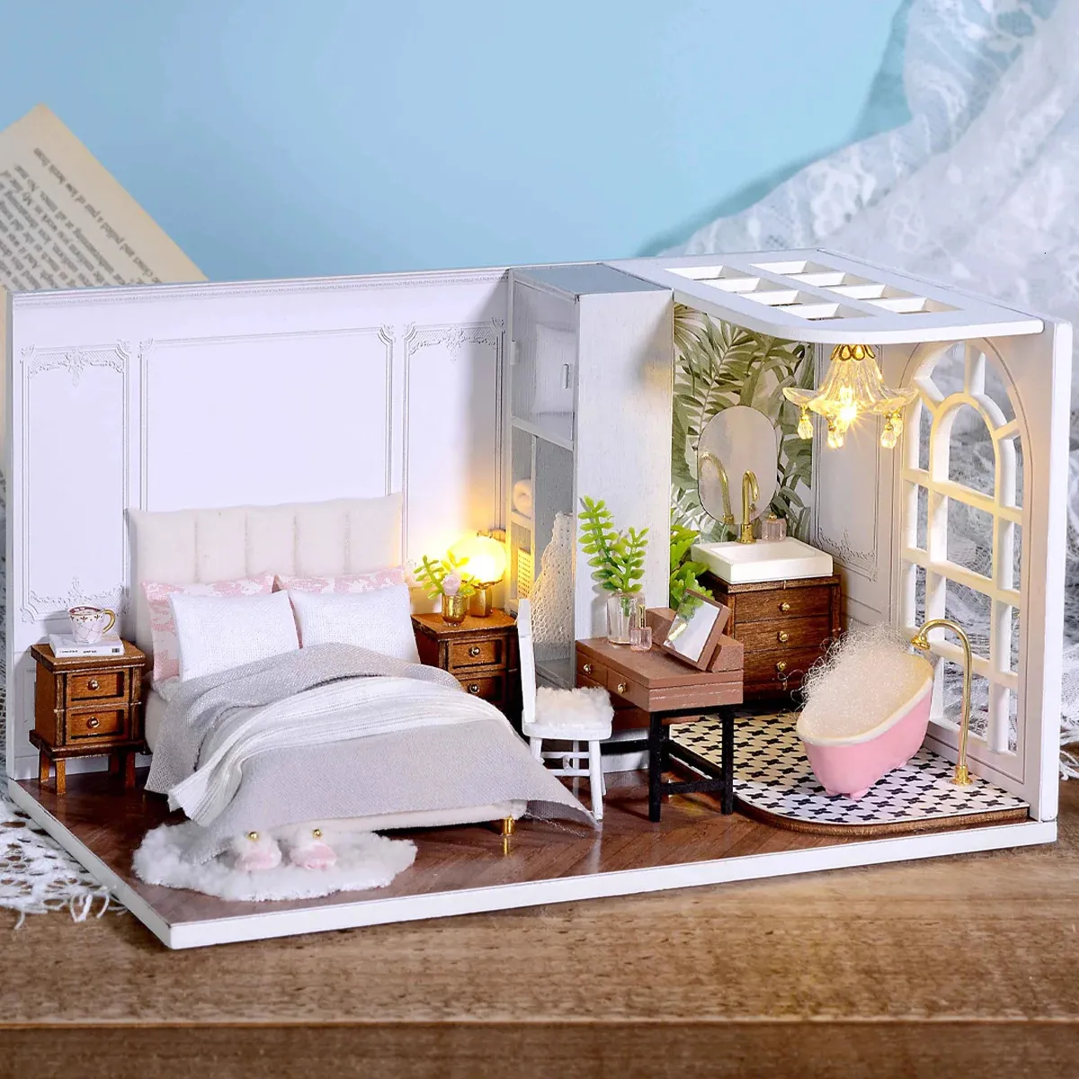 Docka hus tillbehör sovrum docka hus mini diy kit för att göra rum leksaker hem dekorationer med möbler trä hantverk tredimensionella pussel 231018
