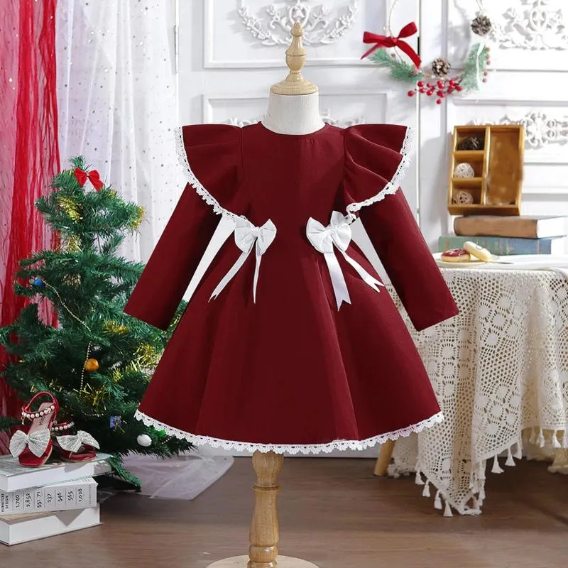 Flicka klänningar 1-5 år flickor baby juldräkt spets bowknot klänning fest barn chirstmas för rött år kläder vinter