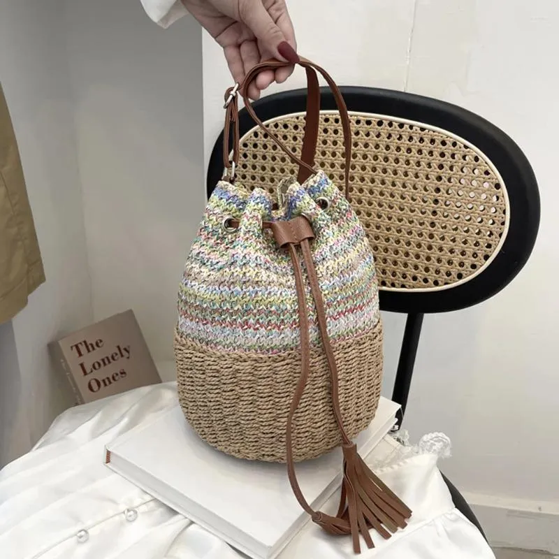 Abendtaschen Kordelzug Stroh Umhängetasche für Frauen Casual Handtasche Sommer Strand Rattan Eimer Tasche gewebt Boho Quaste Geldbörse