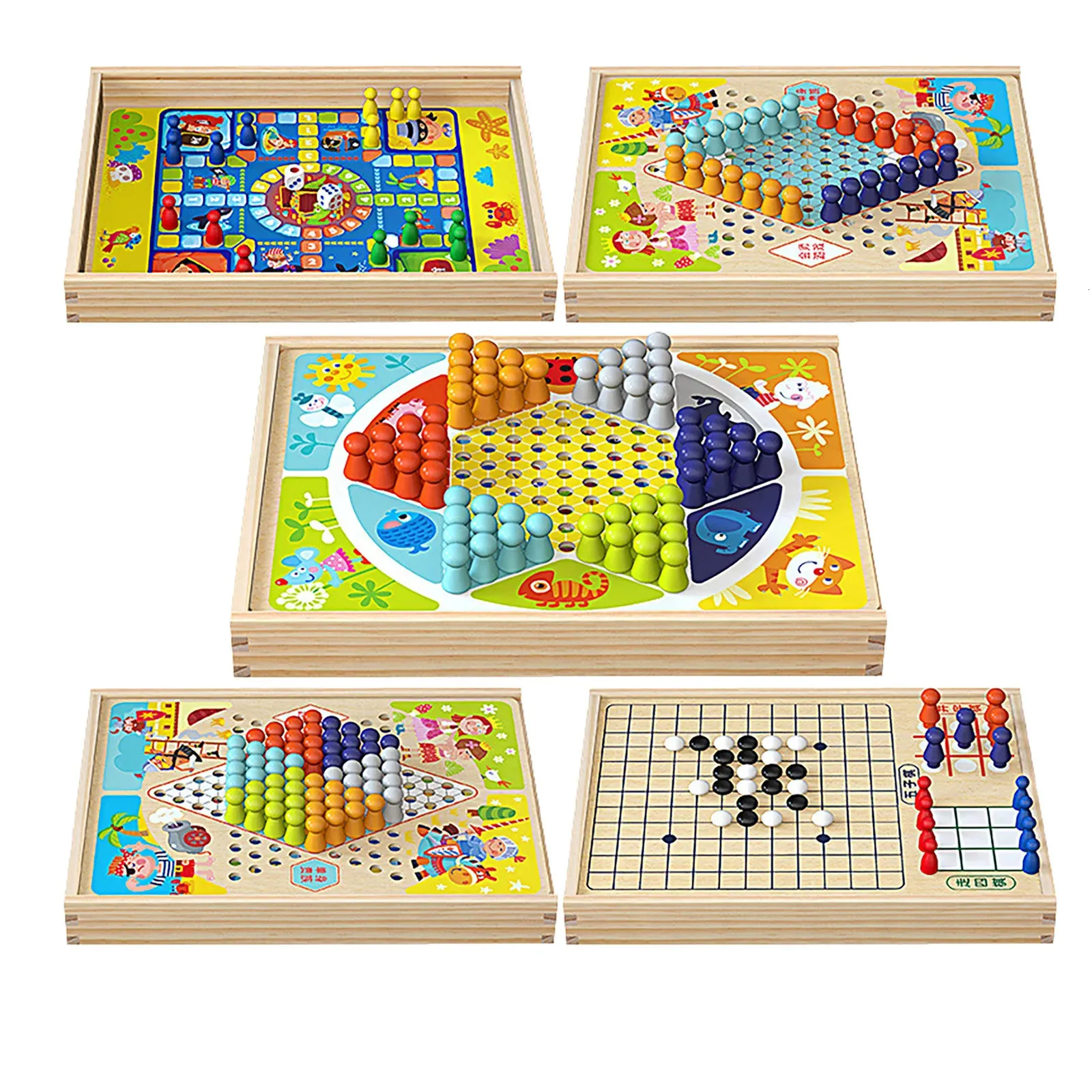 Andra leksaker 9 av 1 mini schackspelcheckarbräda trä flygande schack kinesiska checkers flygande ludo bräde set bärbar trä bordsskiva spel leksak 231019