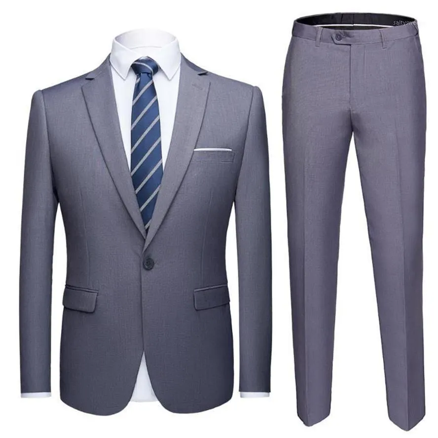 Costumes pour hommes Blazers 2021 taille asiatique hommes ensemble gris formel Blazer pantalon mariage smoking mâle 2 pièces costume Terno mariage mince 317t