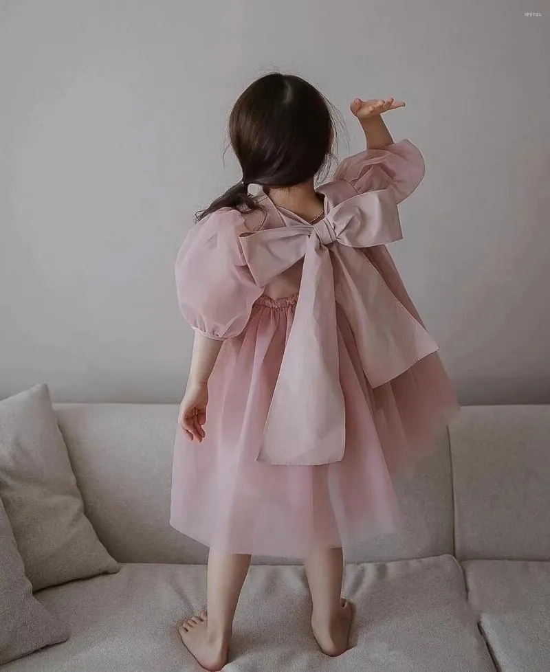 Robes d'été pour filles, manches bouffantes, mode rose, grand nœud, en coton, maille, robe de bal, robes de soirée pour enfants, princesse