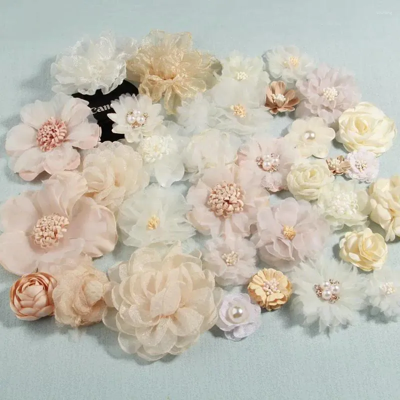 Fleurs décoratives 10 pièces série crème ivoire camélia rose tissu en mousseline de soie artificielle pour invitation de mariage robe décoration projets d'artisanat