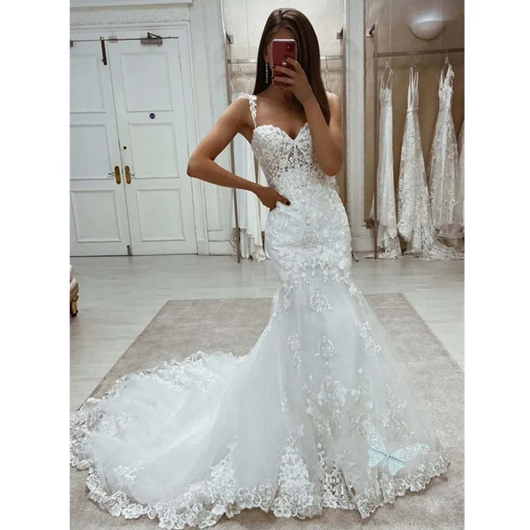 Lace Mermaid Wedding Dresses Spaghetti Straps Bridal Gowns Tiered Ruffles Sweep Train Robe De Soiree Mariage 328 328