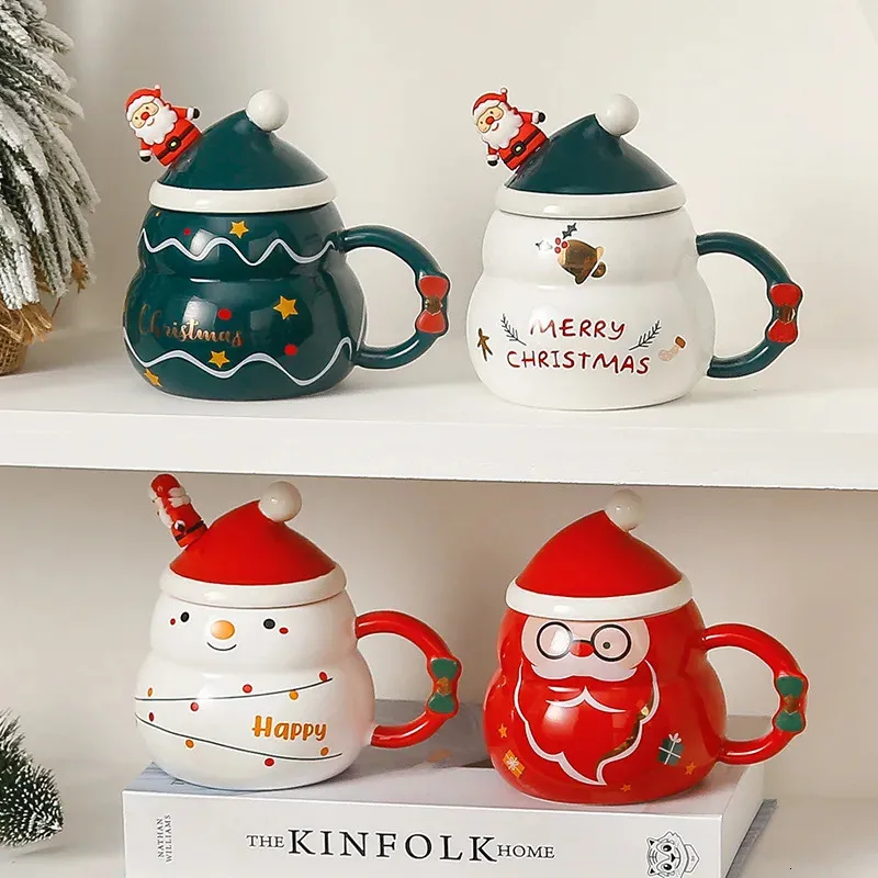 Tassen Weihnachten Becher Jahr Geschenk Dekoration Set Trinkgeschirr Party Kaffeetasse mit Deckel Löffel Cartoon Niedlich Keramik Tee 231019