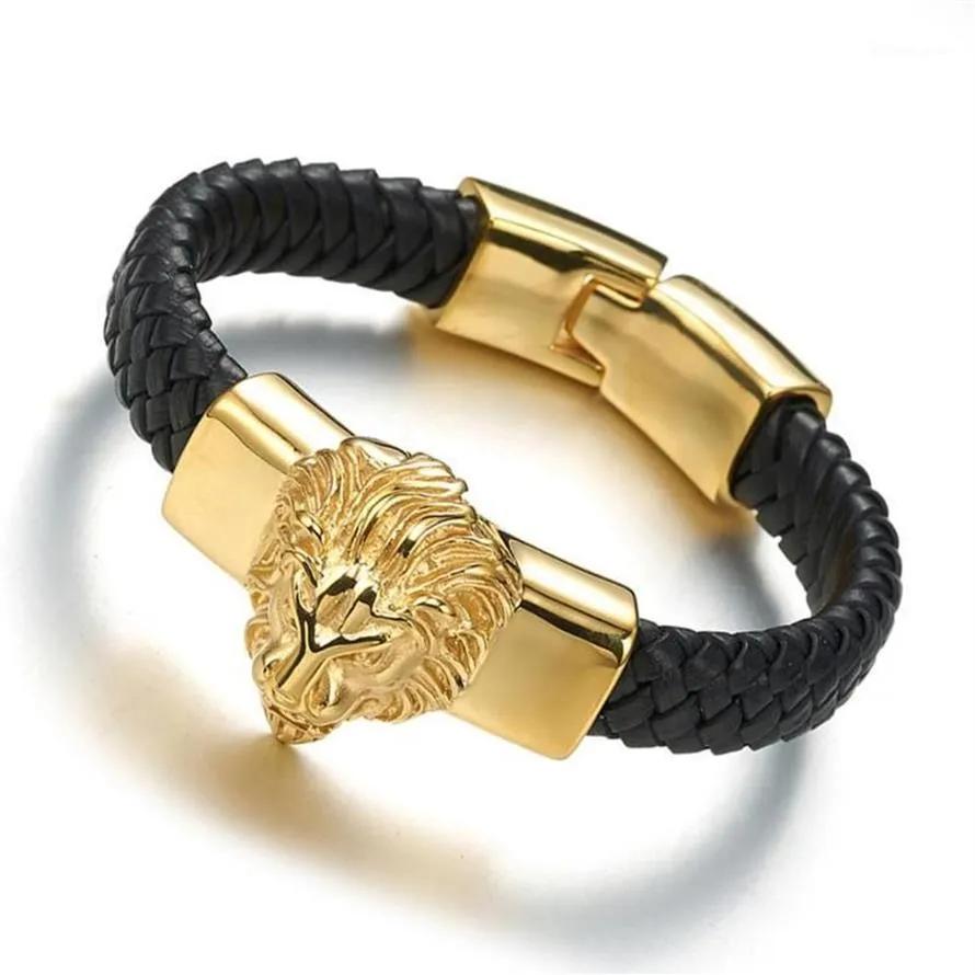 Bracelets de charme Style Punk Bracelet en cuir véritable hommes bijoux fins en acier inoxydable Lion aigle bracelets mâle Femme1243I