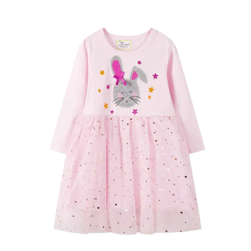 Платья для девочек от 2 до 7 лет, детская одежда принцессы с длинными рукавами и вышивкой кролика, сетчатая юбка, костюм для малышей 231018