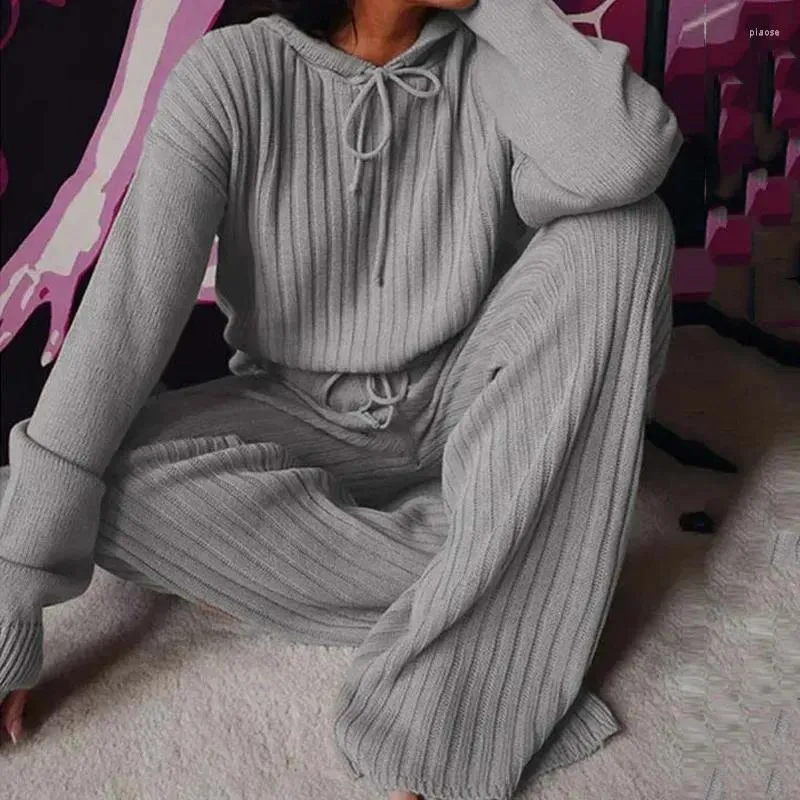 Kvinnors sömnkläder 2023 Casual Autumn Winter Women Sticked Pyjama Set Hooded Pants Home Suit Lång ärm Loose Lounge Wear