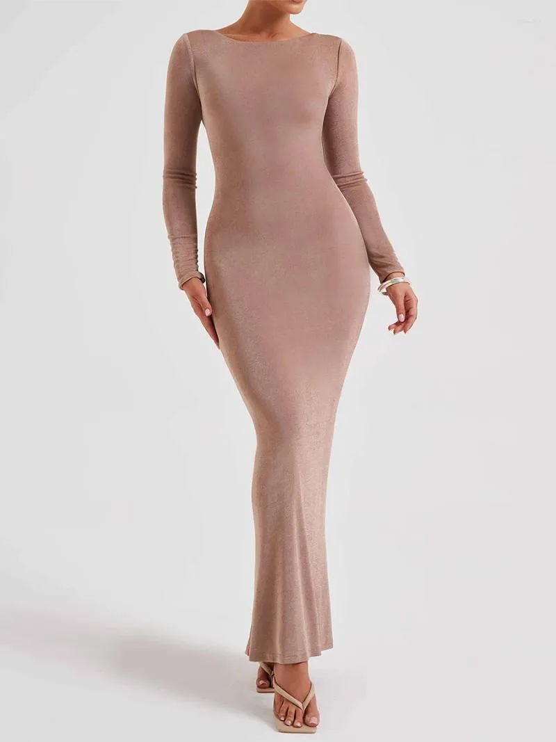 Casual Dresses Long Sleeve Maxi Dress For Women Sexy Backless Evening Party Wedding Guest Back Ruched Bodycon