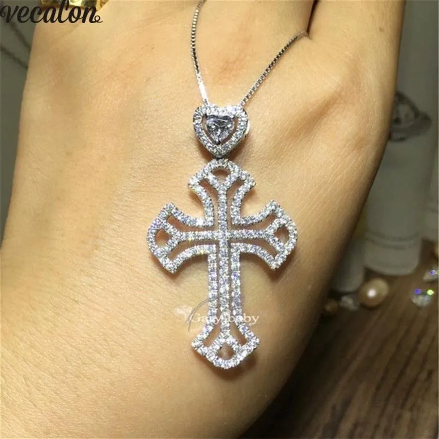 Vecalon Heart Lover Big Cross Pendant 925 Sterling Silver 5A CZ Stone Cross Necklace for Women Men Party Wedding Jewelry259i