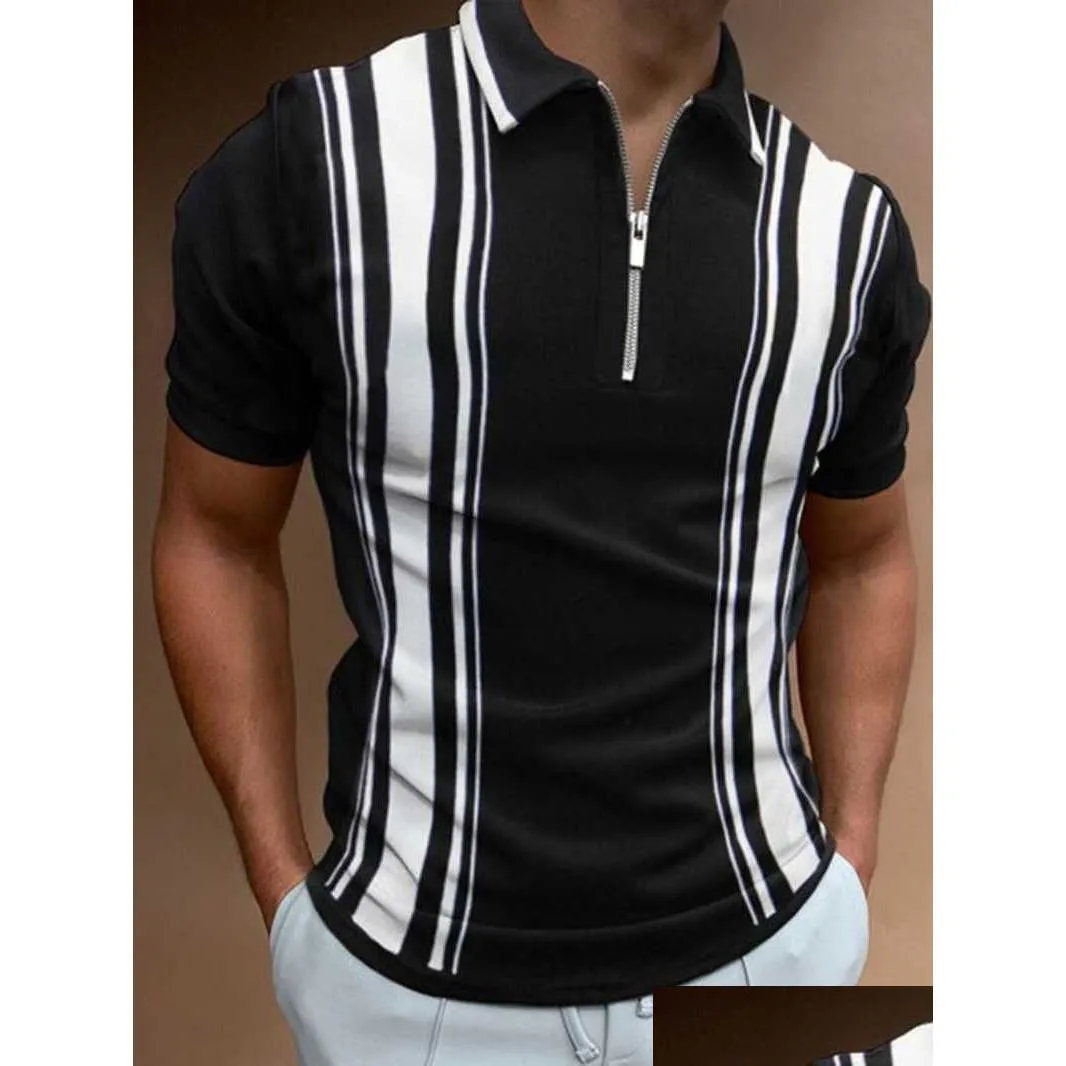 Mens S 2022 Men Shirts Summer High Quality Casual Fashion Short Sleeve Striped Turn-Down Collar Zippers Tees Drop Delivery