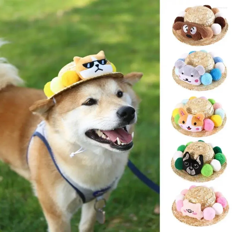 Vêtements pour chiens Chapeau pour animaux de compagnie Chapeau de protection solaire Costume de fête Décoration de dessin animé Poupée mignonne Décor Pompons colorés Cordon réglable Large Brim Po Prop