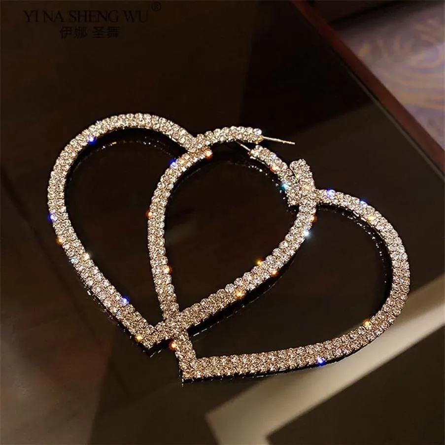 Fashion Big Heart Crystal Hoop Earrings For Women Bijoux Geometric Rhinestones Statement Jewelry Accessories Party Gift Dangle & C285M