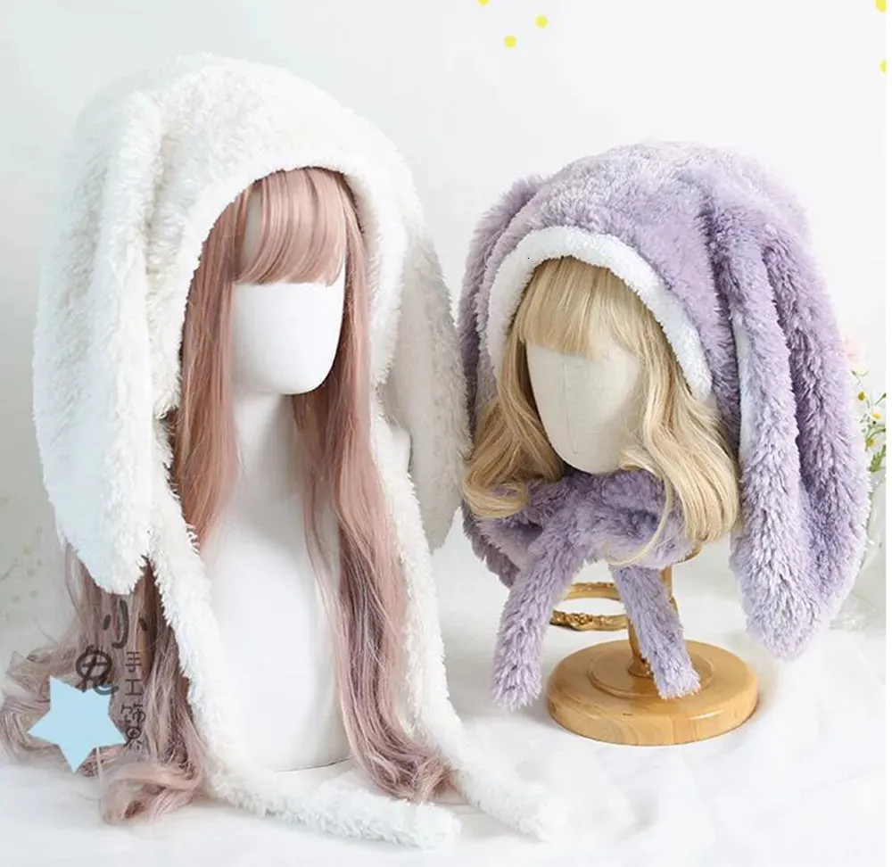 Czapki czapki/czaszki japońskie słodkie loppy króliczka rabbit czapka lolita earmuffs czapka puszysta ciepłe zimowe polarowe czapki 231019