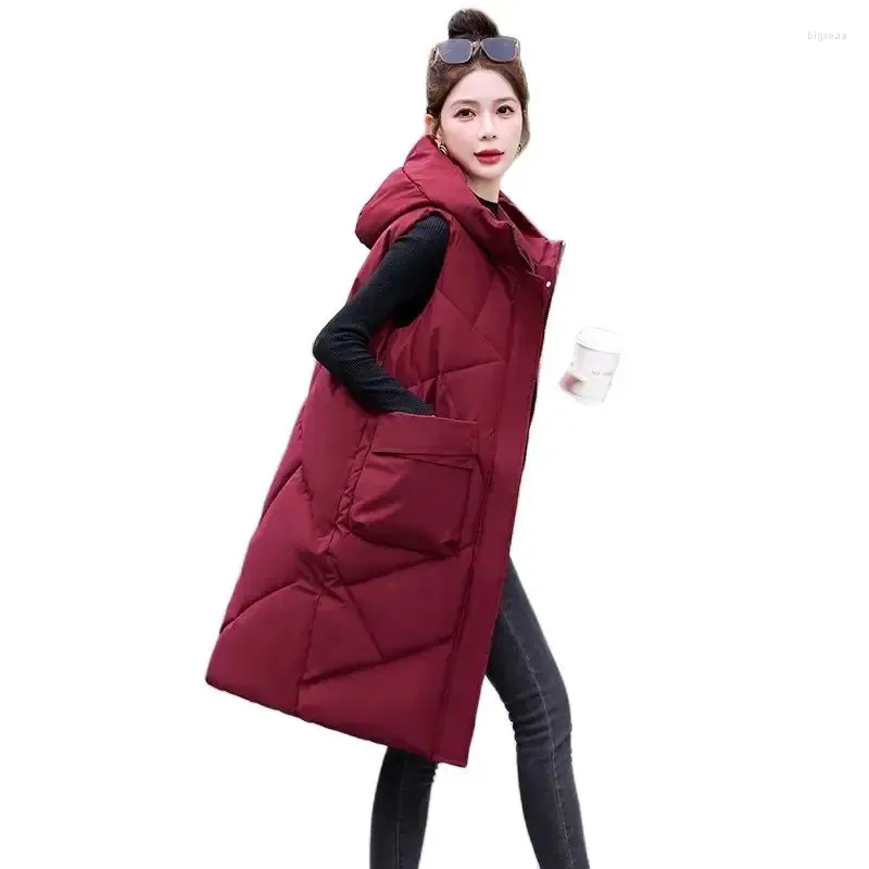 Coletes femininos 2023 outono inverno longo para baixo algodão colete moda roupas colete com capuz quente parka outerwear jaqueta