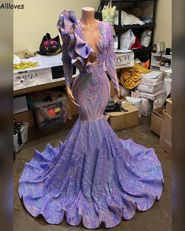 アラビア語のaso ebi purple sexy v meknmermaidpromドレス長袖ゴージャスなフリルスパンコールなレース特別な機会イブニングガウンスリムフィットフォーマルウェアCL2786