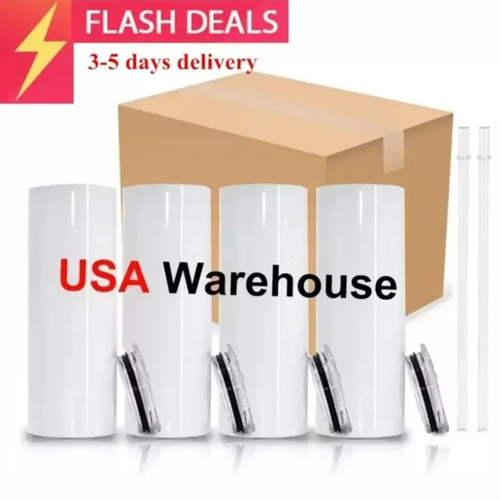 US CA Warehouse 50pcs/Carton 20oz Sublimation Tumblers Straight Blanks White 304 Stainless Steel Vacuum Insulated Slim DIY Cup Car Coffee Mugs Party Gifts E1019