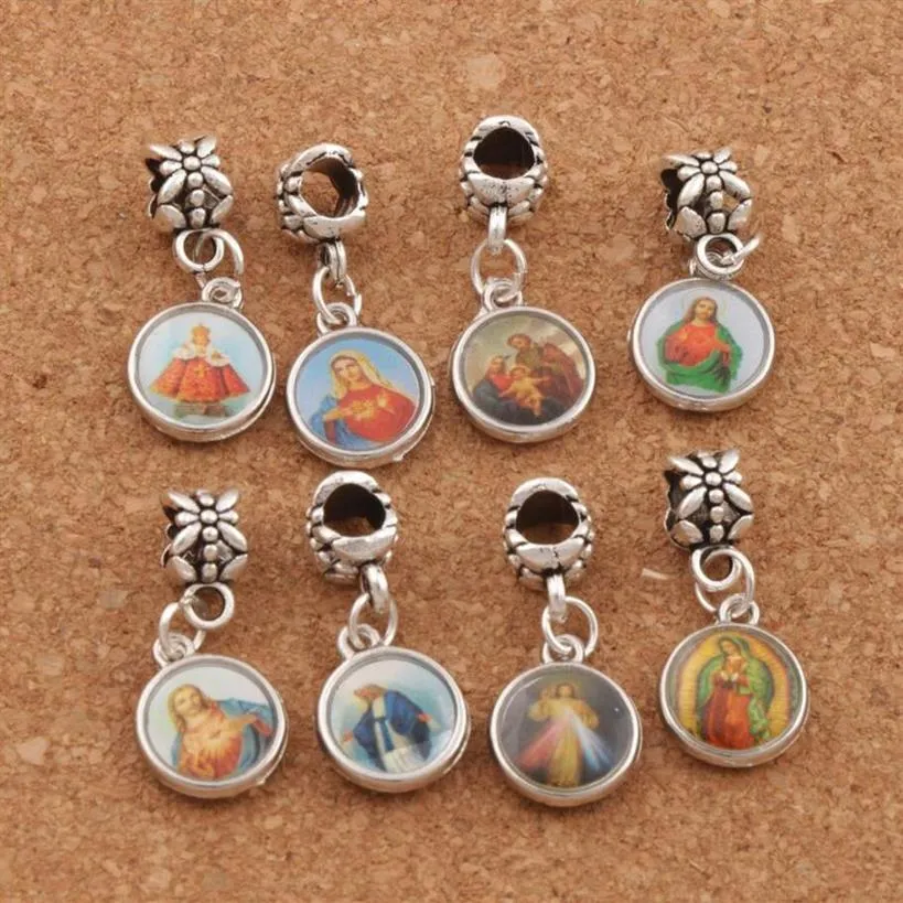 100pcs / lot émail catholique église religieuse médailles saints perles de charme antique argent ajustement bracelets européens B1706 26 4x11 45mm168s