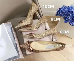 Luxurious Designers Dress Shoe Evening Slingback Rose Gold BowBow Pumps 6CM8CM10CM Shiny Embellishments Heels Sandals for Women 9212139