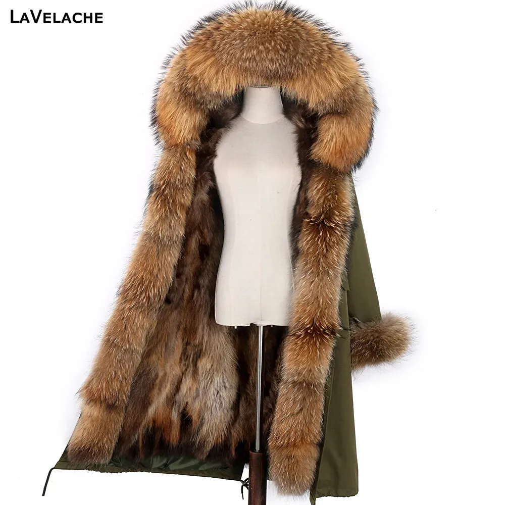Kvinnors päls faux lavelache xlong parka vinterjacka kvinnor äkta kappa stor naturlig tvättbjörn huva streetwear avtagbar ytterkläder 231018