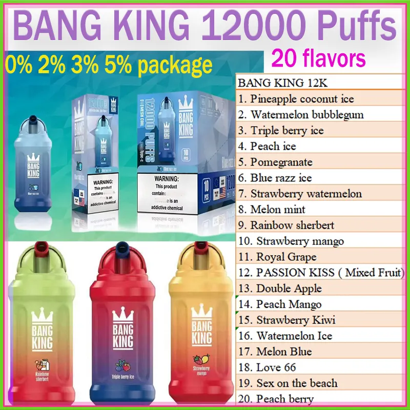 Original BANG KING 12000 Vapes jetables Pen E Cigarettes électroniques 20 couleurs 0% 2% 3% 5% Kit Vpor 650 mAhBatterie rechargeable Contrôle du flux d'air Bobine de maille 23 ml