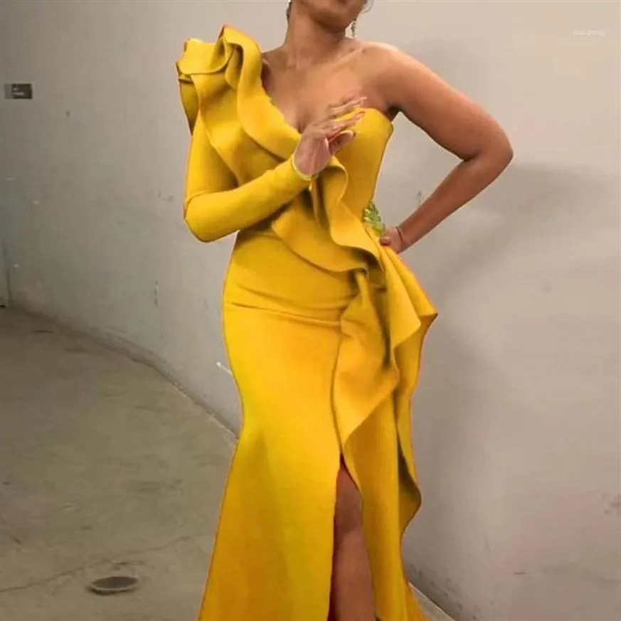 Casual Dresses One Shoulder Long Dress Ruffles Yellow Sexy Elegant Evening Women Bodycon Split Female Formal Maxi Party 2022 Year335P