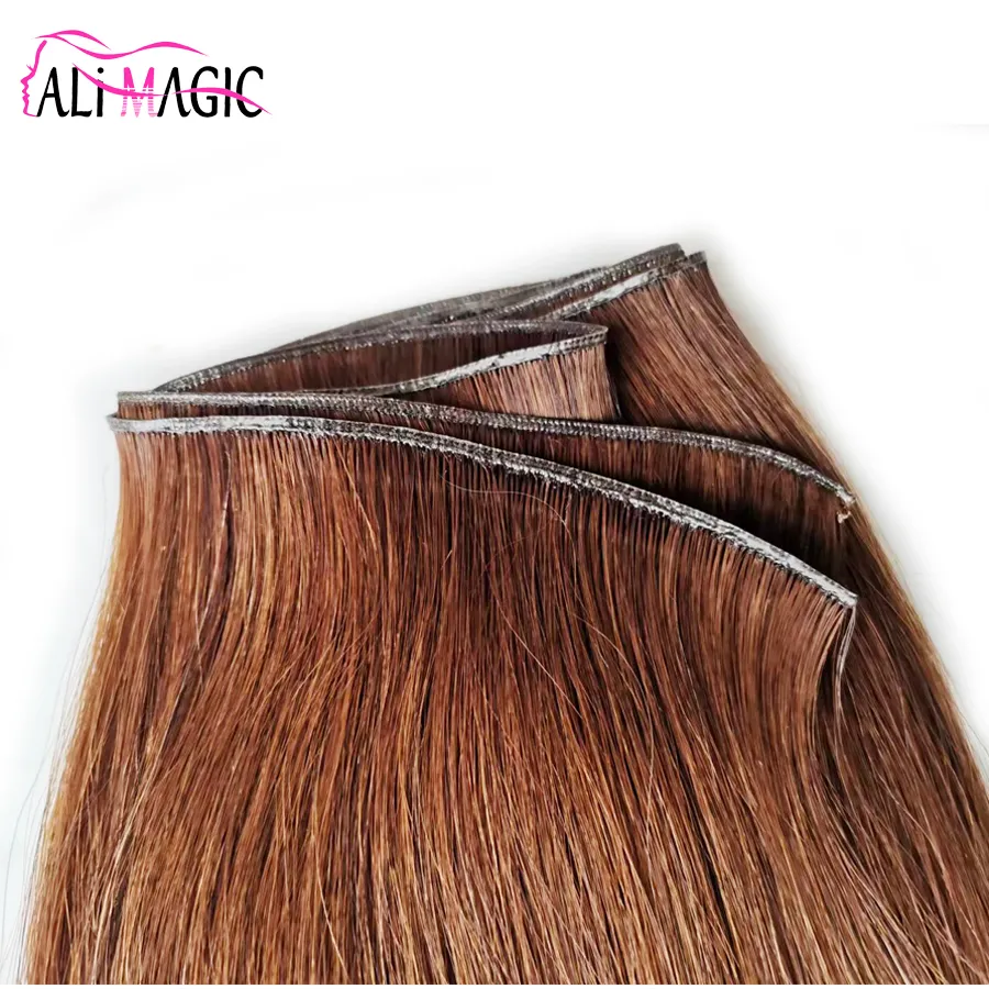 Nieuw PU-haarinslagen Menselijk haarweefsel Blond Zwart Bruin Kleur 50 g/stks 100 g/partij Remy-haarbundels Haarwortel Niet in de helft gevouwen, geen kort haar ALI MAGIC Factory Outlet