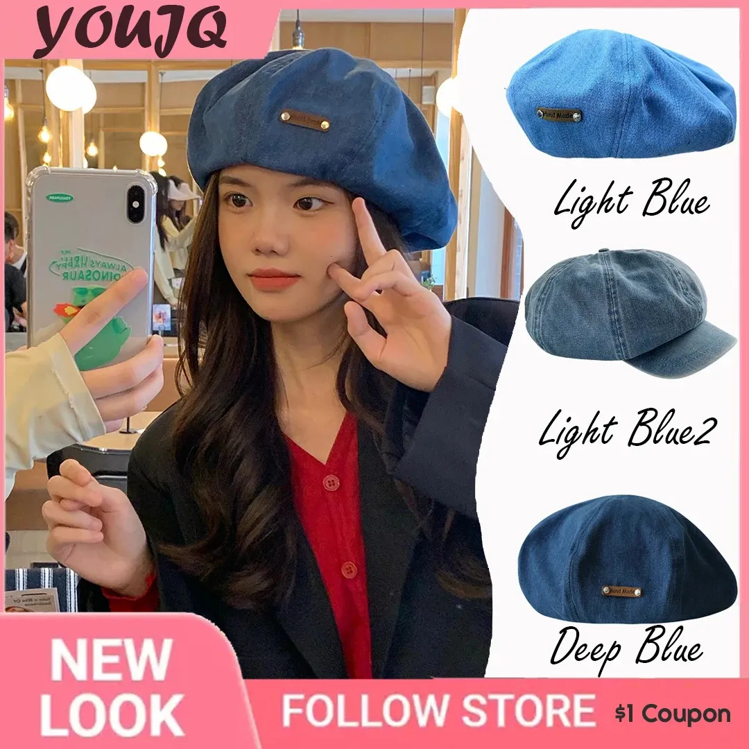 Berets Y2K Harajuku Ajustável PU Patch Mulheres Grande Tamanho Boina Retro Azul Denim Menina Pintor Cogumelo Chapéus para Feminino Sombreros de Mujer 231018