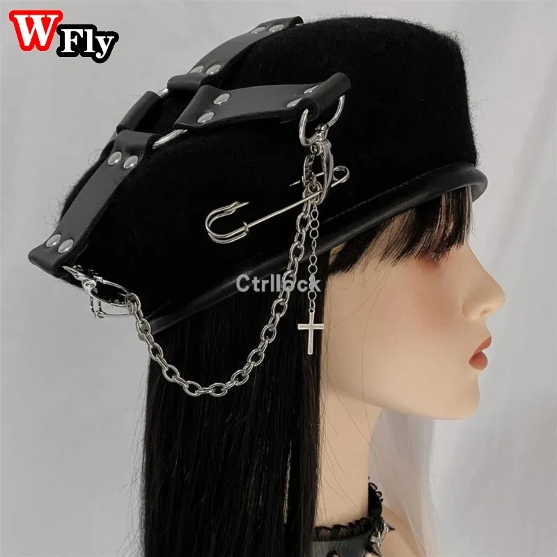 Y2K Gothic Beret - Rivet & Chain Skeleton Accent, Punk  display picture 1