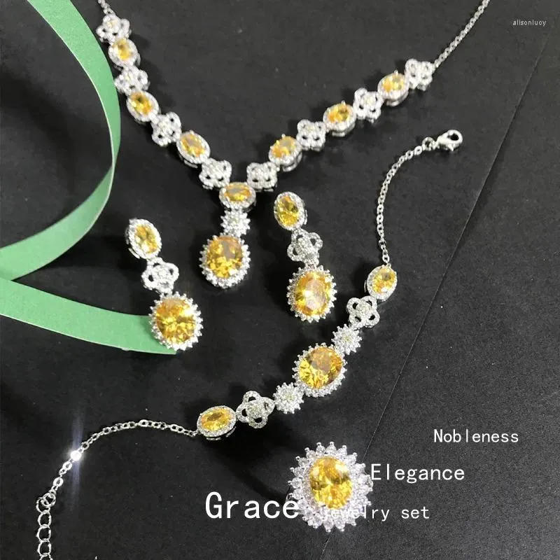 Collana e orecchini Set Lihua Moda retrò Sposa Zircone giallo Quattro pezzi Micro inserto 3A Abito da sposa per cena luminoso Senso senior