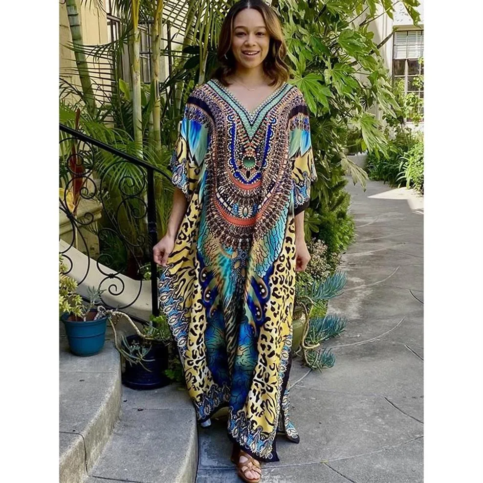 Casual Dresses 2021 Bohemian Printed V-neck Batwing Sleeve Side Split Loose Summer Dress Long Tunic Women Plus Size Beach Wear Max262V