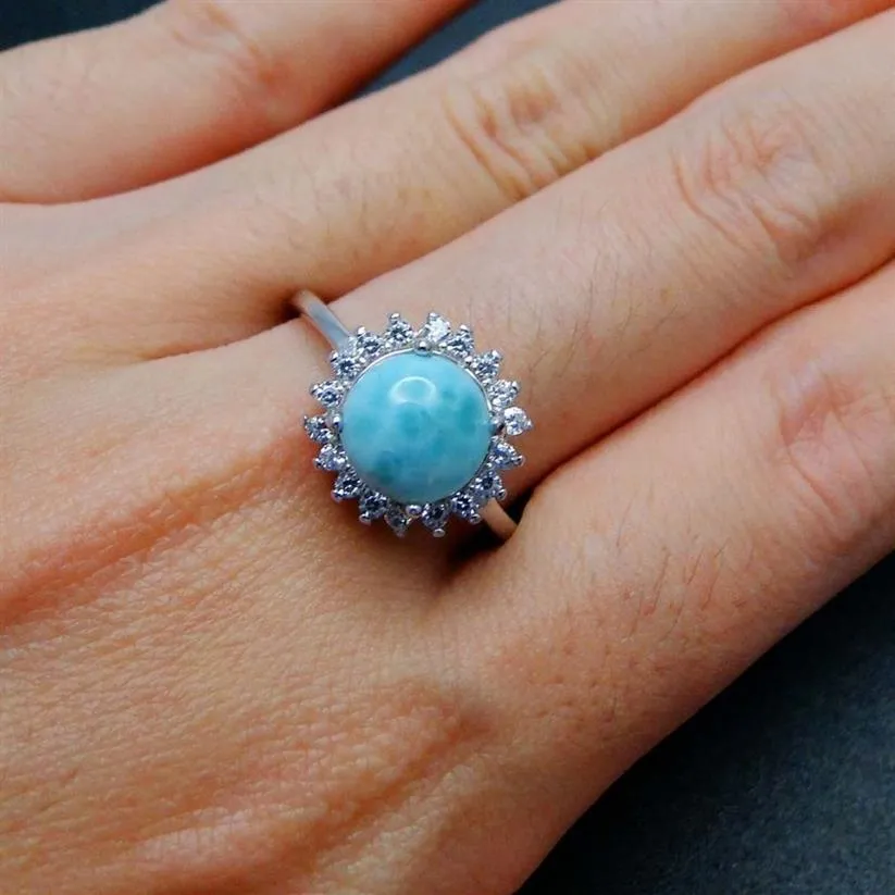 Natural Dominica Larimar Ring 925 Sterling Silver Jewelry Round 8mm Larimar Stone Cbuic Zircon Engagement Wedding Rings 210524268h