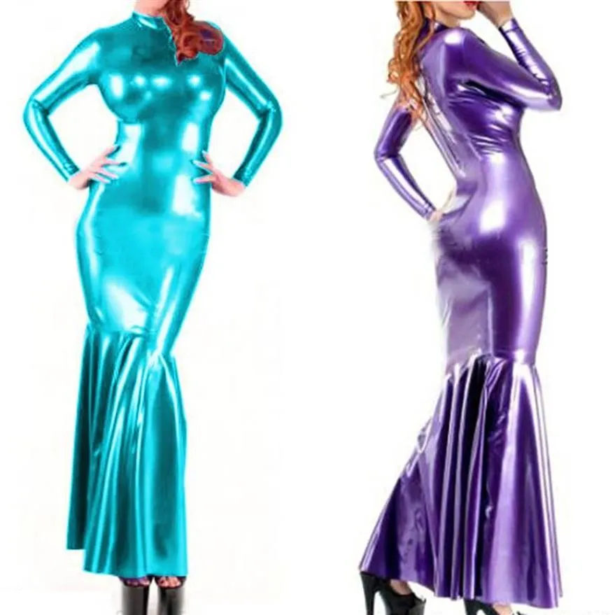 Robes décontractées Sexy robe en latex manches longues robe en caoutchouc faux cuir PVC Party Club Slim sac de mode hanche queue de poisson tenues250k