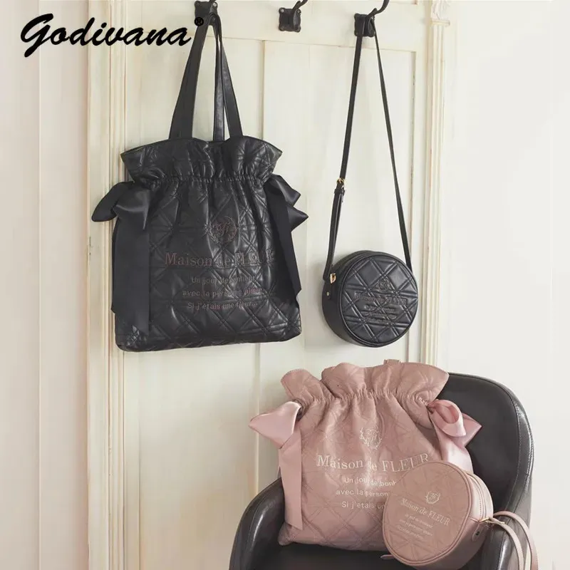 Shopping Bags Japanese Style Rhombus PU Leather Shoulder Bag Crossbody Bag's Large Capacity Laceup Satin Bow Round Cake Tote 231018