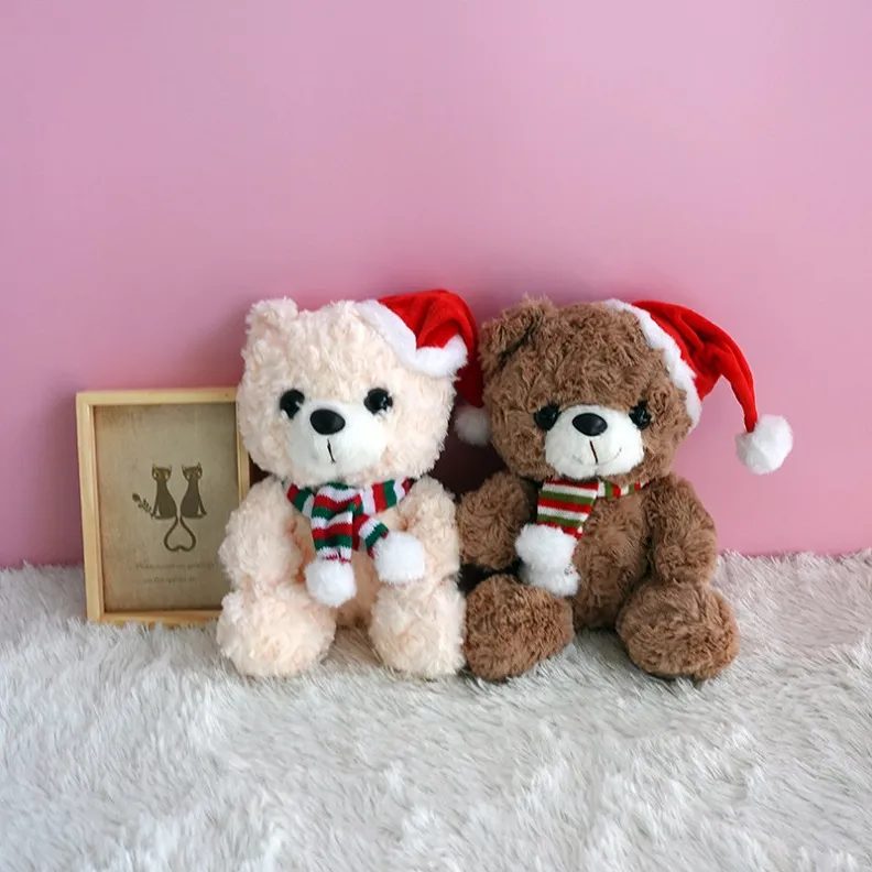 Рождественский плюшевый мишка в шапке Санты и шарфе, милый плюшевый мишка, плюшевые игрушки, мягкие игрушки, подарки для ребенка, сделай сам