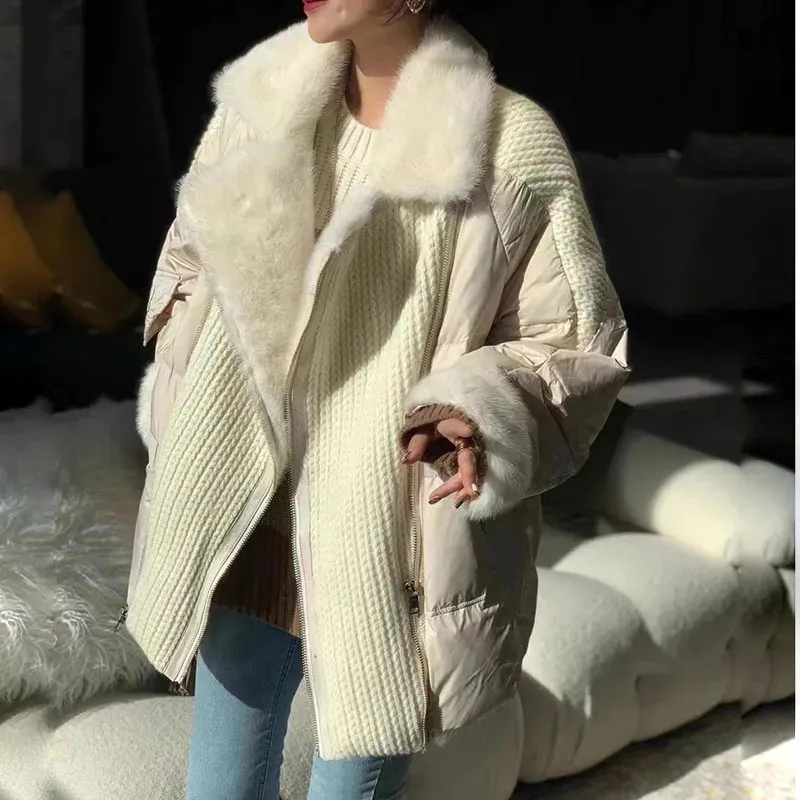 Veste d'hiver mi-longue en duvet d'oie pour femme, manteau à col en vison, mode européenne et américaine, Streetwear, 2023, 231018