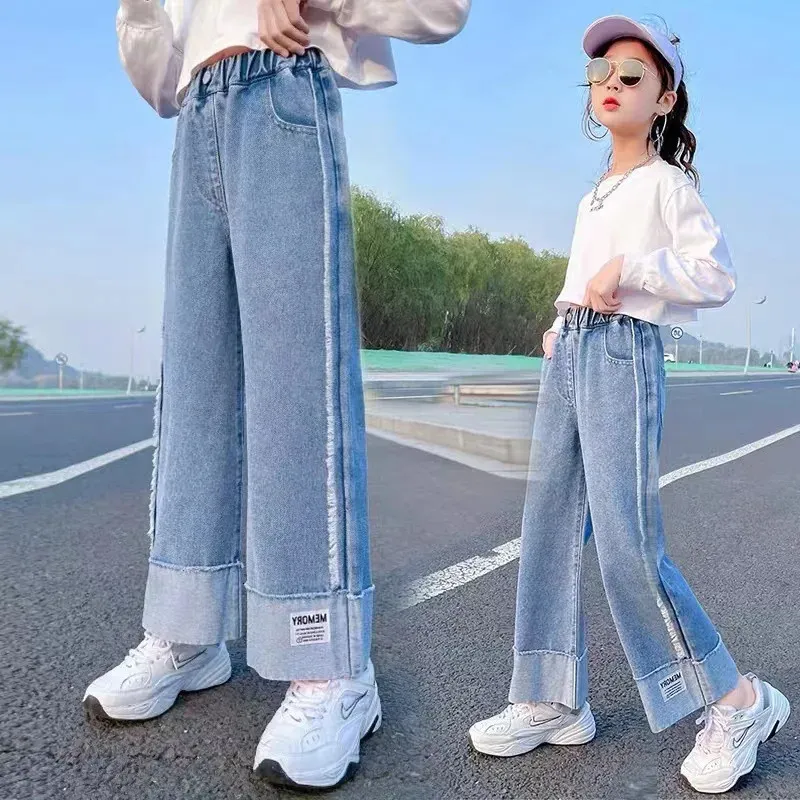 Cheap Teenage Girls Jeans Spring Autumn Casual Fashion Loose Blue Kids Leg  Wide Pants School Children High Waist Trousers