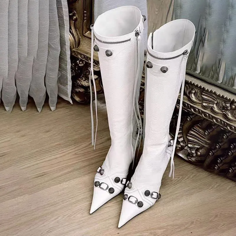 Bottes à pampilles pointues pour femmes, Rivets en métal, bottes de moto, talons hauts Cool