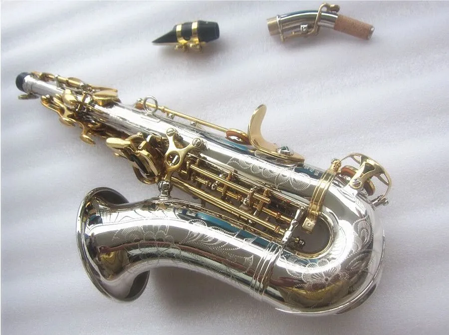 Nouveau Saxophone Soprano à col incurvé SC-9937Small saxo B plat de haute qualité en laiton nickelé plaqué argent avec étui à embout