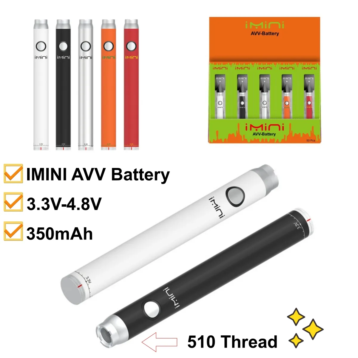 Grossistpris 510 batteri IMINI VAPE Batterisladdningsbar batteren Pen 350mAh Justerbar spänning 510 Tråd Variabel Vape Förvärmbatterier Tillverkare Supply Supply