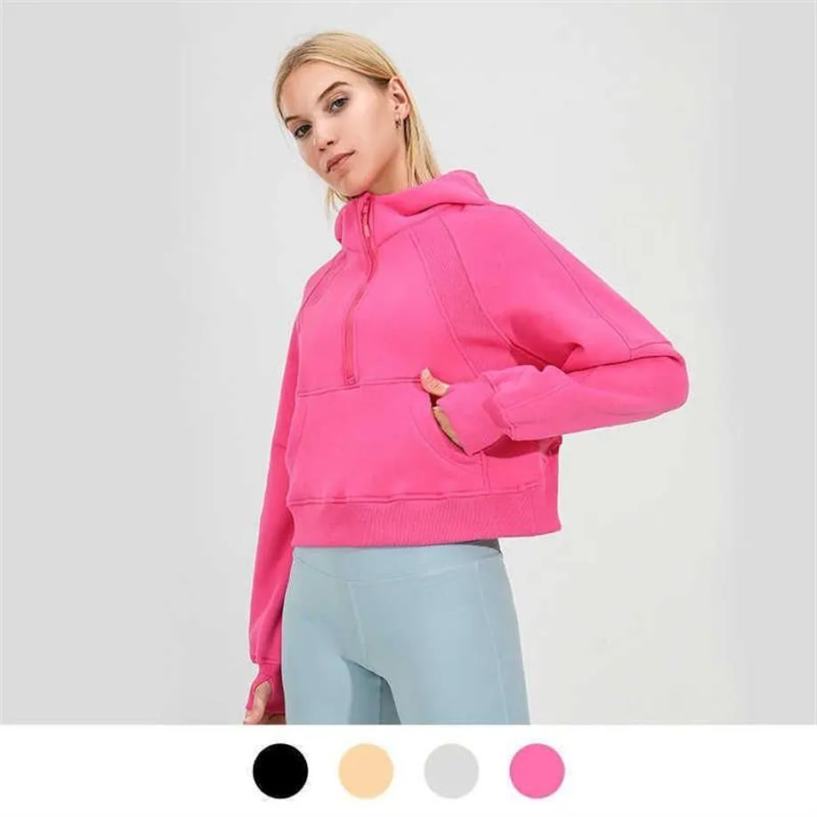 Jacka Lu-88248 Yoga Half Zipper Scuba Hoodie Thumb Hole Thick Hooded Coat Sport Gym Fitness Women's Jacket tröja FHBAQ301M