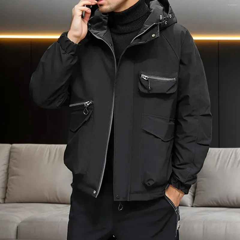Men's Jackets Fall/Winter Casual Hooded Solid Top Simple Sports Zipper Coat Pocket Baseball Clothes Flight Overcoat Windproof