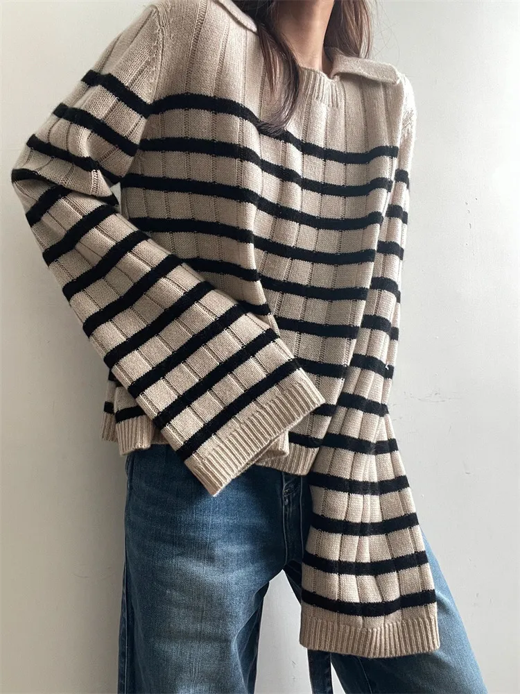 KH*AITE maglione in lana cashmere pullover in maglia a righe collo quadrato