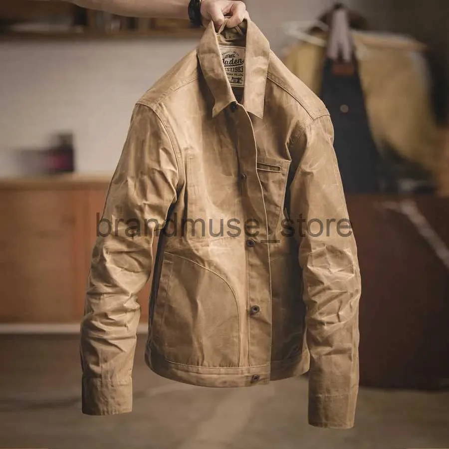 Kurtki męskie Maden Canvas Oil Wax Men Jacki Khaki Retro Multi-Papiełowa koralika Płótno ami kaji kurtka Big kieszeni Solid Vintage Jacket Odzież J231019