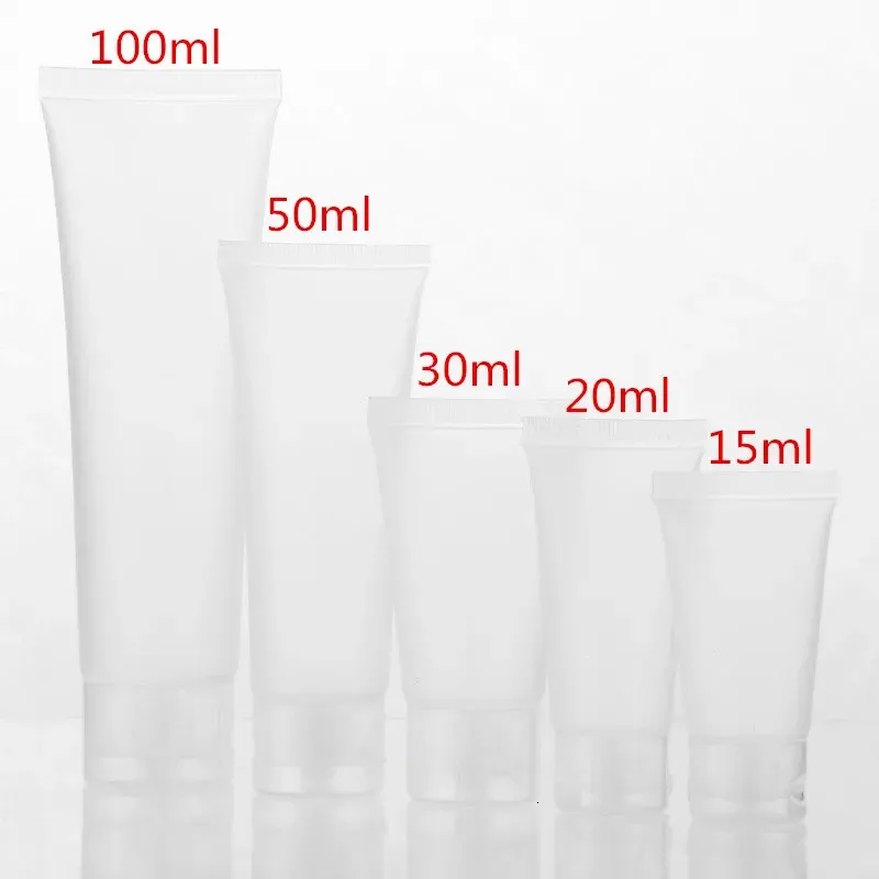 Parfymflaska 50pcslot 15 ml 20 ml 30 ml 50 ml 100 ml Frostade klara plast Mjukrör Tomma kosmetiska grädde Emulsion Lotion Förpackningsbehållare 231019