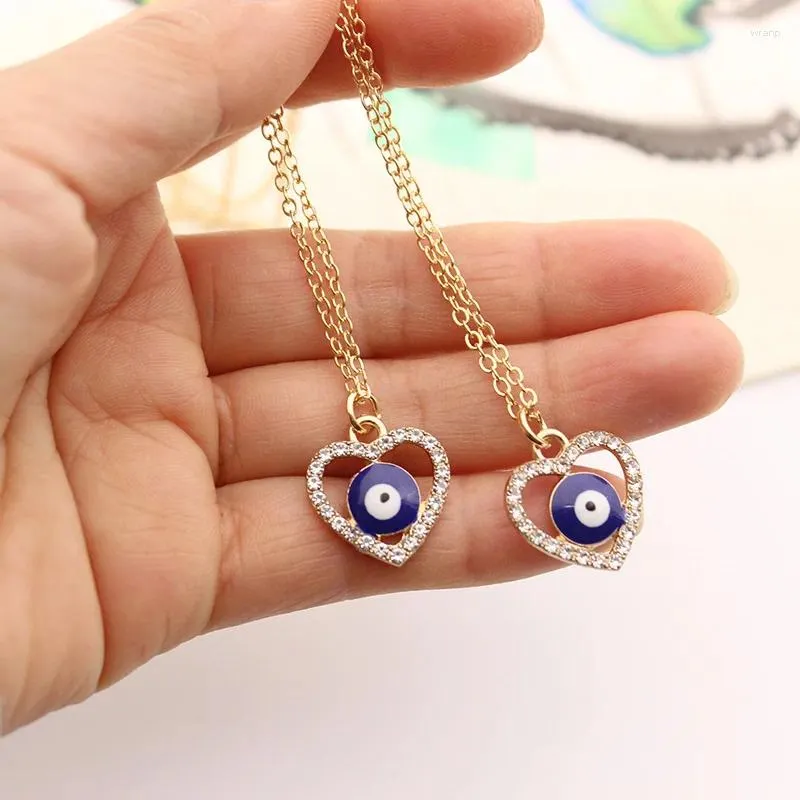 Pendant Necklaces 2023 Fashion Wave Chain Turkey Blue Eyes Long Inset Heart Crystal Necklace Party Charm Jewelry Pulsera Mujer Gifts