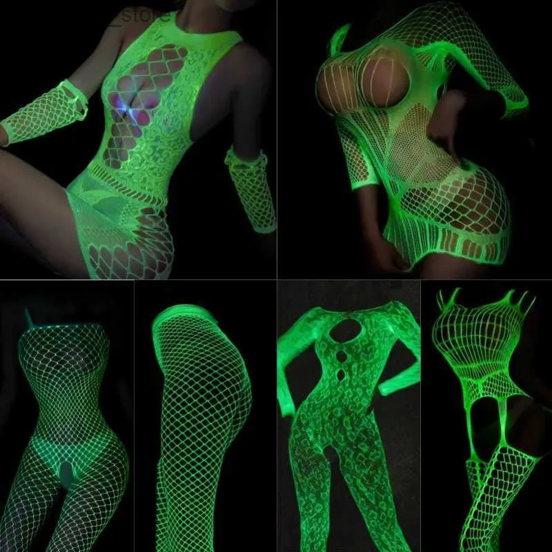 Sexy Socken 12 Styles Glow In The Dark Fishnet Bodysuit Frauen Sexy Open Crotch Bodystockings Hot Pole Dacne Party Club Luminous Sex Kleidung Q231019