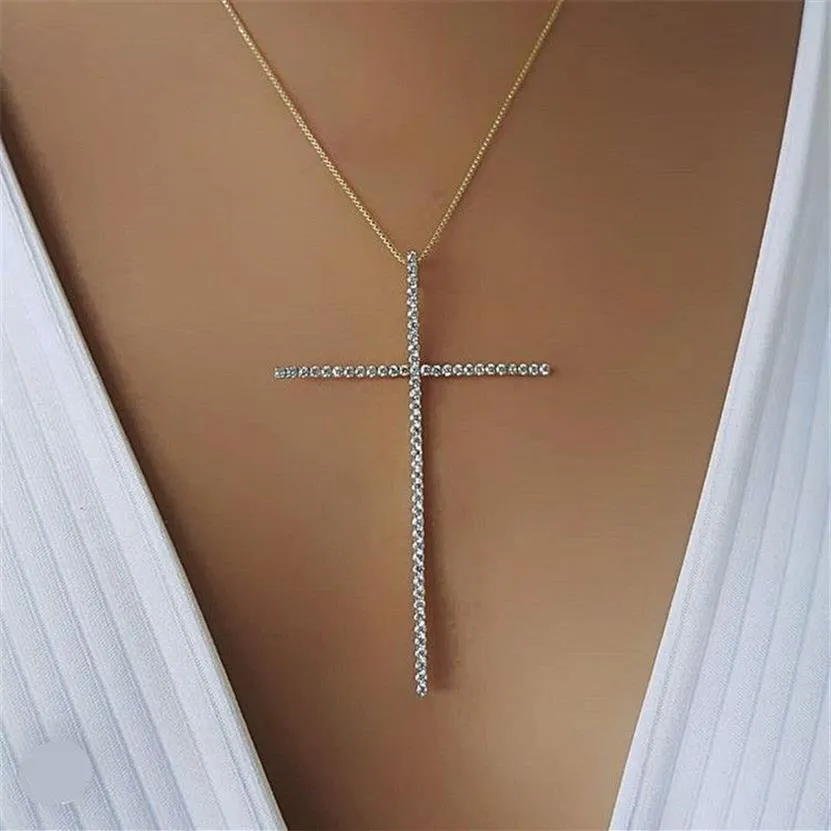 Klassische große Kreuz-Anhänger-Halskette für Frauen, Charm-Schmuck, kubischer Zirkon, CZ-Diamant, Kruzifix, christliche Ornamente, Zubehör 306K
