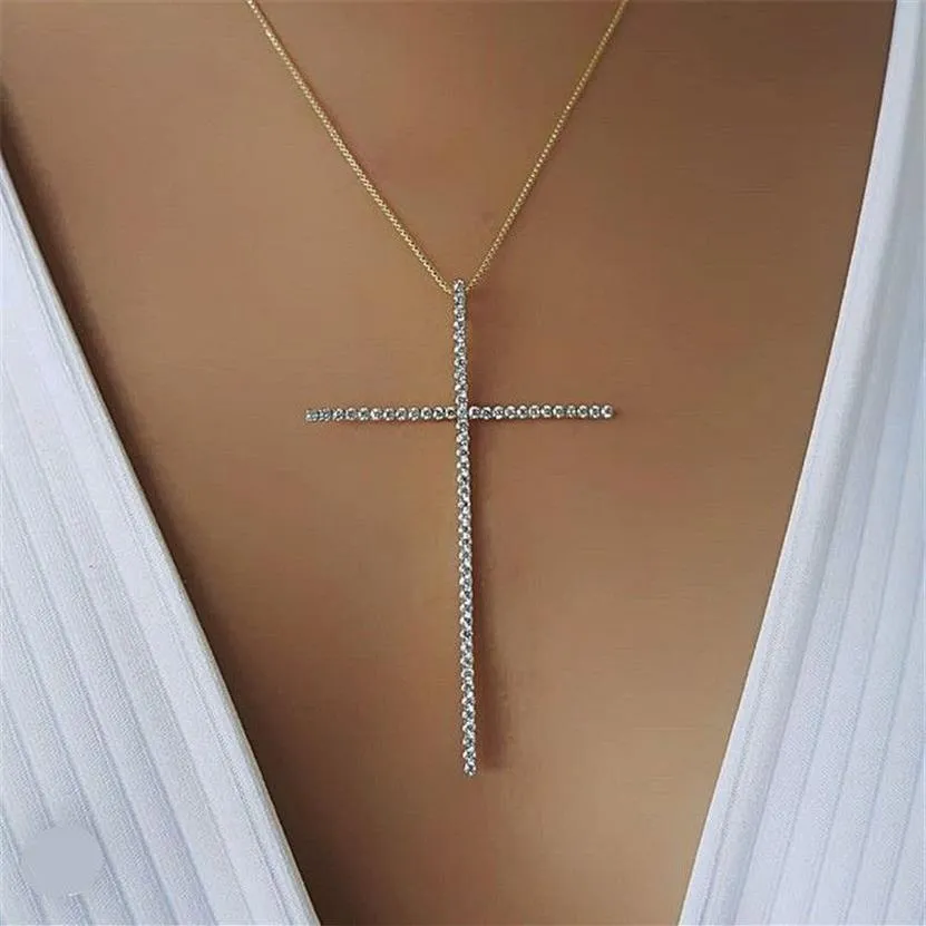 Collar clásico con colgante de cruz de gran tamaño para mujer, joyería con dijes, circonita cúbica, CZ, crucifijo de diamantes, adornos cristianos, accesorios 306K